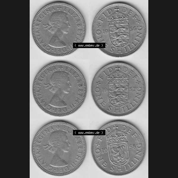 Grau bzw. s/w Alte Münzen Großbritannien Umlaufmünze One Shilling, 1 Schilling 1956, 1957, 1958. Ein Satz alter Münzen aus Großbritannien als Motiv vom digitalen Bild... Sammlung Graustufen