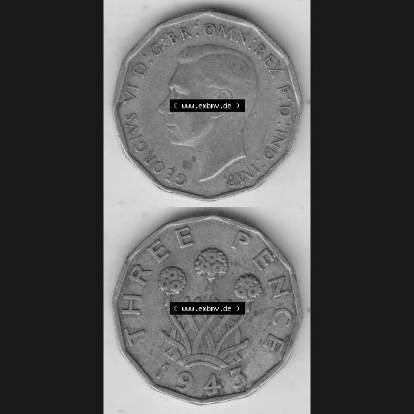 Grau bzw. s/w Alte Münzen Großbritannien Umlaufmünze 1937-1948, 3 Pence, Three Pence 1943-4, George VI, GEORGIVS VI D G BR OMN REX F D IND IMP. Vorderseite und Rückseite... Sammlung Graustufen