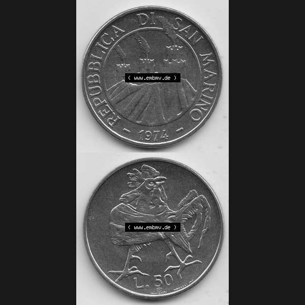 Grau bzw. s/w Bildmaterial Münzensatz / KMS 1974 aus San Marino 1974-1974, 50 Lire, L.50 MINGUZZI MONASSI INC.. Vorderseite und Rückseite als vertikales untereinander zusammengefügte... Sammlung Graustufen