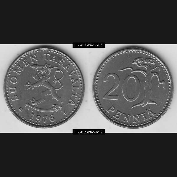 Grau bzw. s/w Alte Münzen KMS Finnland, Kursmünzensatz 1976 in Stempelglanz 1963-1990, 20 Penny Penniä 1976-1, SUOMEN TASAVALTA. Vorderseite und Rückseite zusammengefügt... Sammlung Graustufen
