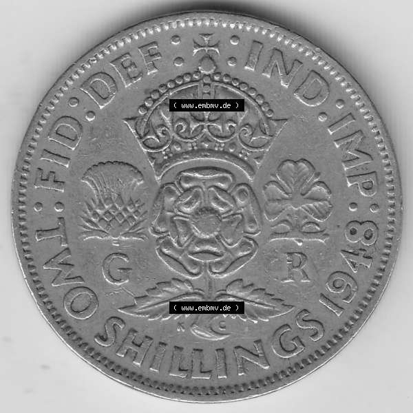 Grau bzw. s/w Alte Münzen Großbritannien Umlaufmünze 1947-1948, 2 Schilling-Florin, Two Shillings, 1948-7, George VI, GEORGIVS VI D G BR OMN REX, FID DEF IND IMP,... Sammlung Graustufen