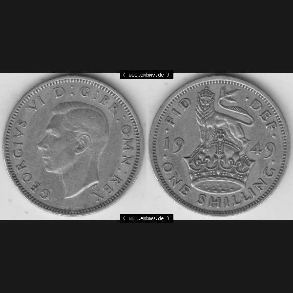 Grau bzw. s/w Alte Münzen Großbritannien Umlaufmünze 1949-1951, 1 One Schilling - Shilling, 1949-2 Stehender Löwe auf Krone. Vorderseite und Rückseite horizontal auf einen... Sammlung Graustufen
