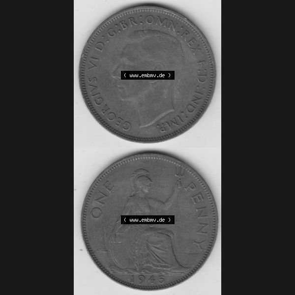 Grau bzw. s/w Münzen Großbritannien Umlaufmünze 1937-1948. 1 One Penny 1945-1, George VI, GEORGIVS VI DGBROMNREX FDINDIMP. HP. Vorderseite und Rückseite vertikal... Sammlung Graustufen