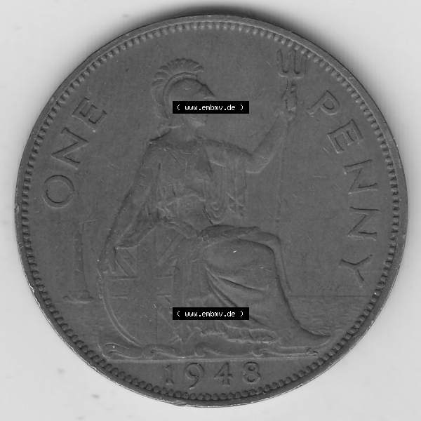 Grau bzw. s/w Alte Münzen Großbritannien Umlaufmünze 1937-1948, 1 Penny, One Penny, 1948-1, GEORGIVS VI, D G BR OMN REX F D IND IMP HP. Rückseite der alten britischen... Sammlung Graustufen