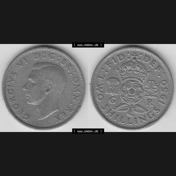 Grau bzw. s/w Alte Münzen Großbritannien Umlaufmünze 1949-1951, 2 Schilling, Shillings (Florin) 1950-1, George VI, GEORGIVS VI DG BR OMN REX, FID DEF TWO SHILLINGS.... Sammlung Graustufen