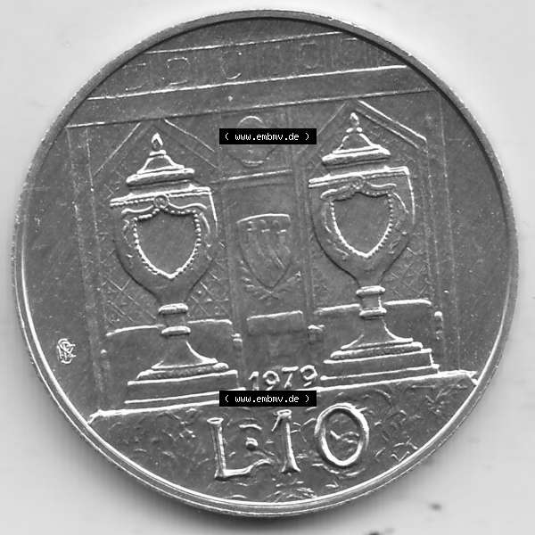 Grau bzw. s/w Bildmaterial Münzensatz / KMS 1979 aus San Marino 1979-1979, 10 Lire, J. V. LIBERTAS REPVBBLICA DI S. MARINO, 1979 L.10. Rückseite als... Sammlung Graustufen