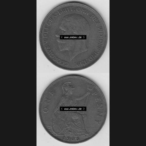 Grau bzw. s/w Alte Münzen Großbritannien Umlaufmünze 1928-1936, 1 Penny, ONE PENNY, 1935-1, BM GEORGIVS V DEI GRA BRITT OMN REX FID DEF IND IMP. Vorderseite und Rückseite... Sammlung Graustufen