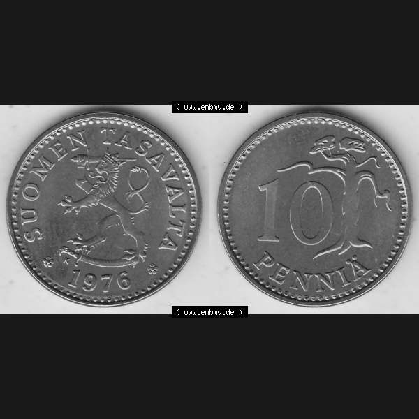 Grau bzw. s/w Alte Münzen KMS Finnland, Kursmünzensatz 1976 in Stempelglanz 1963-1982, 10 Penny, Penniä 1976-1, SUOMEN TASAVALTA. Vorderseite und Rückseite zusammengefügt... Sammlung Graustufen