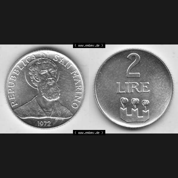 Grau bzw. s/w Bildmaterial Münzensatz / KMS 1972 aus San Marino 1972-1972, 2 Lire 1972, 2 LIRE MONASSI REPUBBLICA DI SAN MARINO. Vorderseite und Rückseite einer Umlaufmünze aus... Sammlung Graustufen
