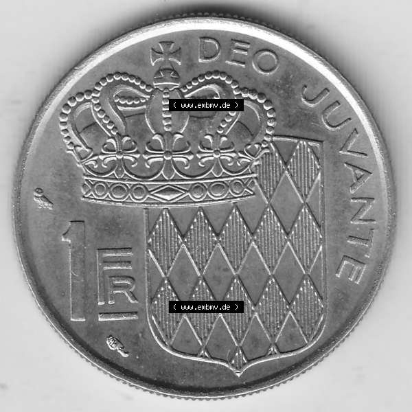 Grau bzw. s/w Alte Münzen Monaco Umlaufmünze Einzelansicht 1960-1995, 1 Franken, Francs 1960-1, RAINIER III PRINCE DE MONACO R. COCHET, 1 FR DEO JUVANTE. Rückseite... Sammlung Graustufen