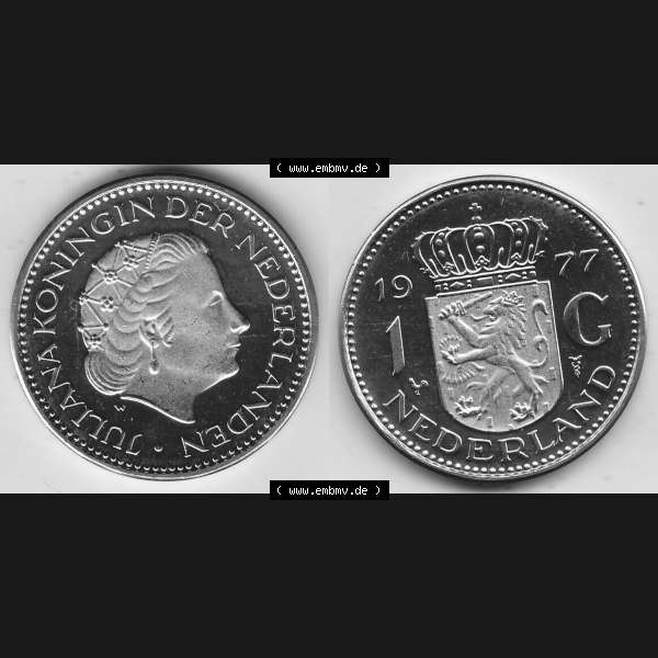 Grau bzw. s/w Alte Münzen KMS Niederlande, Kursmünzensatz 1977, 1967-1980, 1 Gulden, 1977-1 JULIANA KONINGIN DER NEDERLANDEN. Digitales Bild / Bildmaterial mit Vorderseite... Sammlung Graustufen