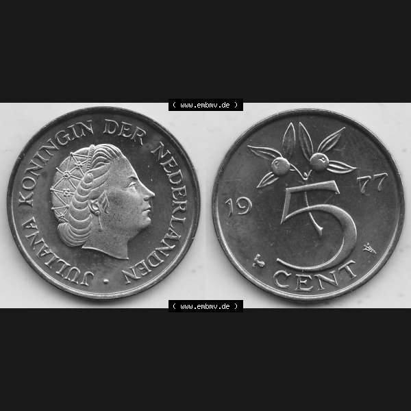 Grau bzw. s/w Alte Münzen KMS Niederlande, Kursmünzensatz 1977, 1950-1980, 5 Cent, 1977-1, JULIANA KONINGIN DER NEDERLANDEN. Digitales Bild / Bildmaterial mit Vorderseite... Sammlung Graustufen