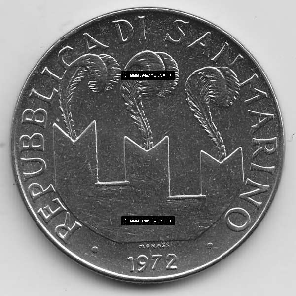 Grau bzw. s/w Bildmaterial Münzensatz / KMS 1972 aus San Marino 1972-1972, 100 Lire von 1972, 100 LIRE MONASSI REPUBBLICA DI SAN MARINO. Vorderseite einer Umlaufmünze aus 1972 REPUBBLICA... Sammlung Graustufen