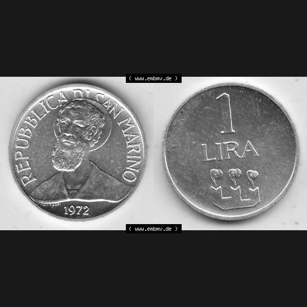 Grau bzw. s/w Bildmaterial Münzensatz / KMS 1972 aus San Marino 1972-1972, 1 Lira, Lire 1972, 1 LIRA MONASSI REPUBBLICA DI SAN MARINO. Vorderseite und Rückseite einer Umlaufmünze... Sammlung Graustufen