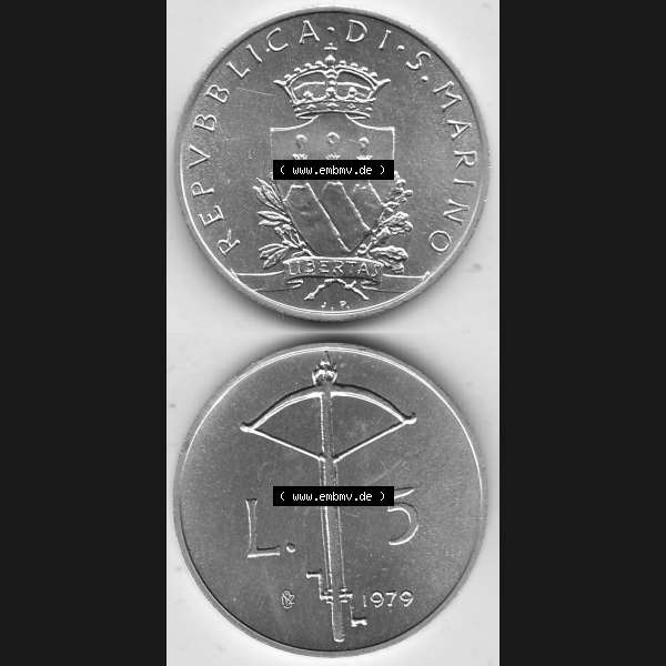 Grau bzw. s/w Bildmaterial Münzensatz / KMS 1979 aus San Marino 1979-1979, 5 Lire, LIBERTAS REPVBBLICA DI S. MARINO, 1979 L.5. Vorderseite und Rückseite als vertikales... Sammlung Graustufen