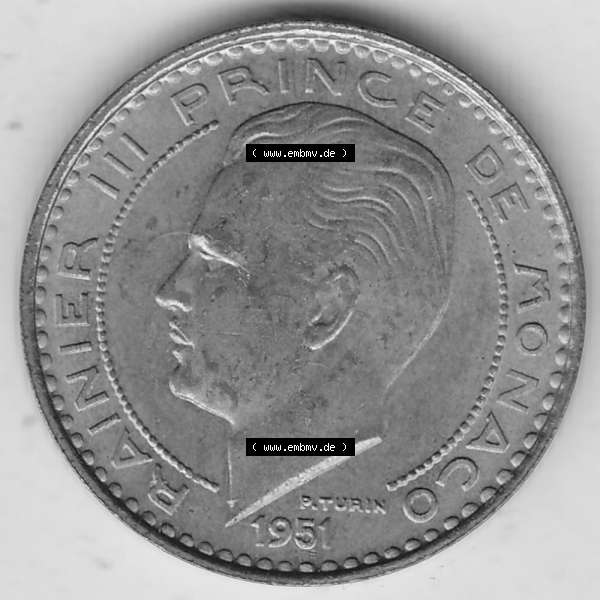 Grau bzw. s/w Alte Münzen Monaco Umlaufmünze Einzelansicht 1950-1951, 10 Franken - FRS, Francs, 1951-1, P. TURIN RAINIER III PRINCE DE MONACO, 10 FRS DEO JUVANTE.... Sammlung Graustufen