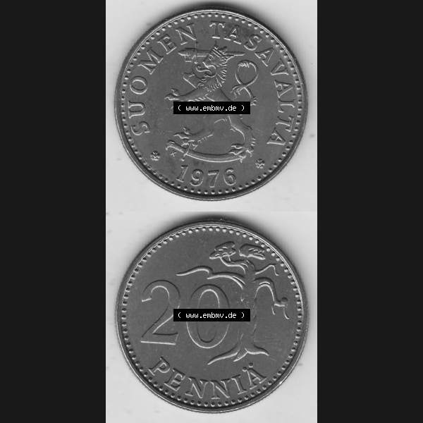 Grau bzw. s/w Alte Münzen KMS Finnland, Kursmünzensatz 1976 in Stempelglanz 1963-1990, 20 Penny Penniä 1976-1, SUOMEN TASAVALTA. Vorderseite und Rückseite vertikal zusammengefügt... Sammlung Graustufen