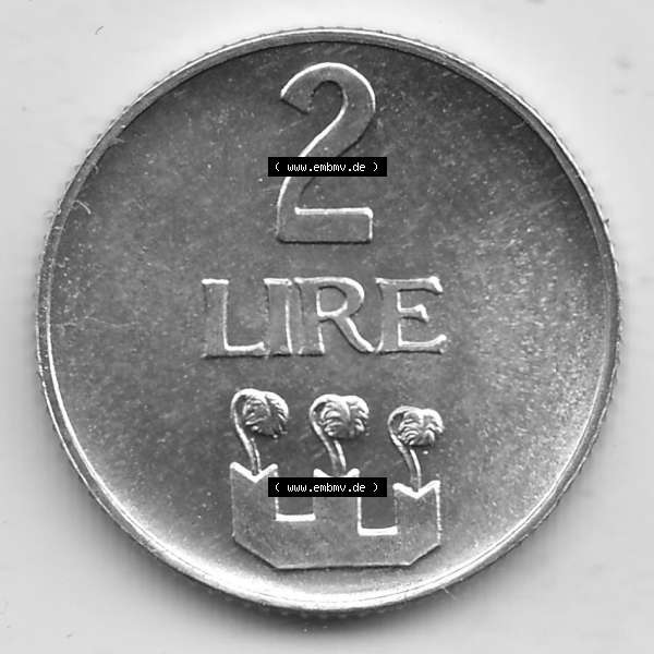 Grau bzw. s/w Bildmaterial Münzensatz / KMS 1972 aus San Marino 1972-1972, 2 Lire 1972, 2 LIRE MONASSI REPUBBLICA DI SAN MARINO. Rückseite als Einzelansicht einer Umlaufmünze aus... Sammlung Graustufen