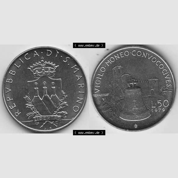 Grau bzw. s/w Bildmaterial Münzensatz / KMS 1979 aus San Marino 1979-1979, 50 Lire, J.P. LIBERTAS REPVBBLICA DI S. MARINO, L.50 VIGILO MONEO CONVOCO CIVES.... Sammlung Graustufen