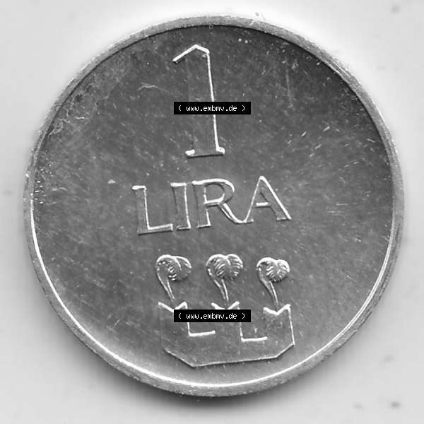 Grau bzw. s/w Bildmaterial Münzensatz / KMS 1972 aus San Marino 1972-1972, 1 Lira, Lire 1972, 1 LIRA MONASSI REPUBBLICA DI SAN MARINO. Rückseite als Einzelansicht einer Umlaufmünze... Sammlung Graustufen