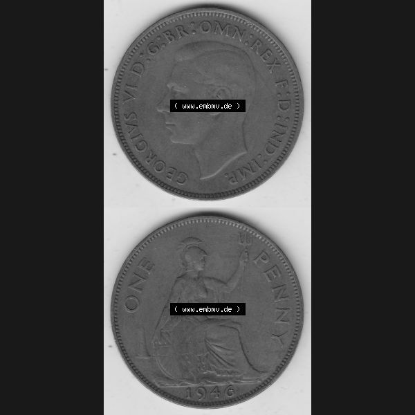 Grau bzw. s/w Münzen Großbritannien Umlaufmünze 1937-1948. 1 One Penny 1946-1, George VI, GEORGIVS VI DGBROMNREX FDINDIMP. HP. Vorderseite und Rückseite vertikal... Sammlung Graustufen