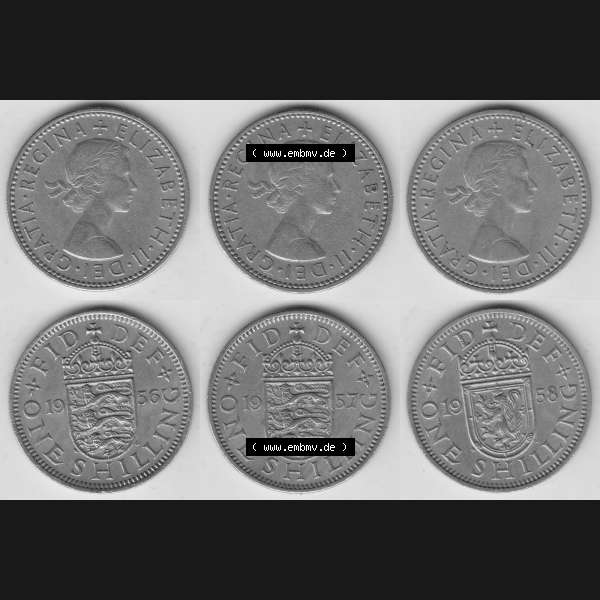 Grau bzw. s/w Alte Münzen Großbritannien Umlaufmünze One Shilling, 1 Schilling 1956, 1957, 1958. Ein Satz alter Münzen aus Großbritannien als Motiv vom digitalen Bild... Sammlung Graustufen