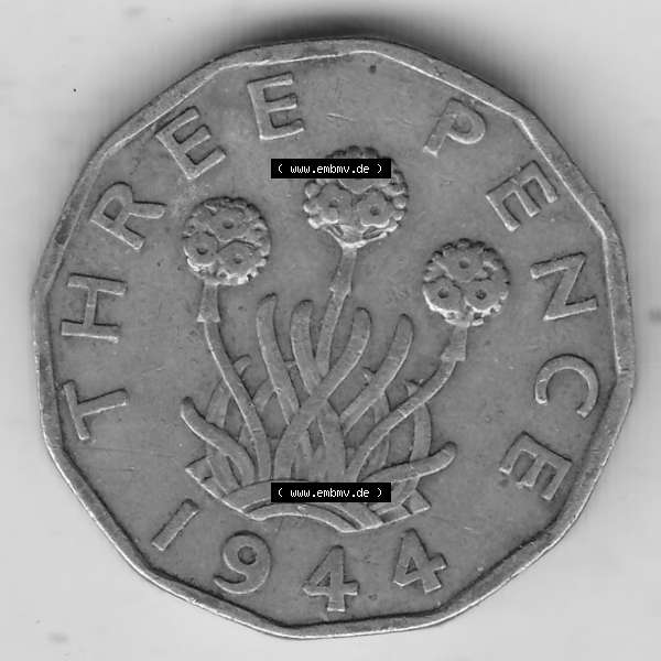 Grau bzw. s/w Alte Münzen Großbritannien Umlaufmünze 1937-1948, 3 Pence, Three Pence 1944-1, George VI, GEORGIVS VI D G BR OMN REX F D IND IMP. Rückseite der alten... Sammlung Graustufen