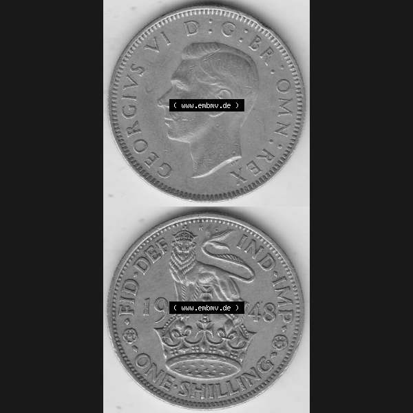 Grau bzw. s/w Alte Münzen Großbritannien Umlaufmünze 1949-1951, 1 One Schilling - Shilling, 1948-3 Stehender Löwe auf Krone. Vorderseite und Rückseite vertikal untereinander... Sammlung Graustufen