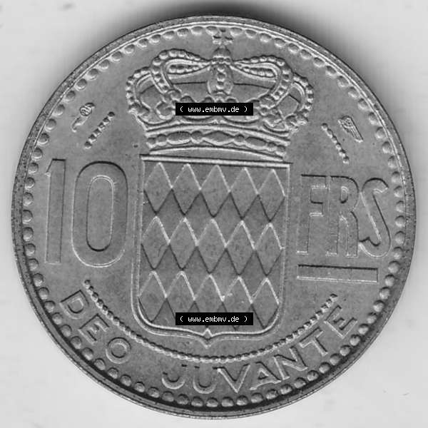 Grau bzw. s/w Alte Münzen Monaco Umlaufmünze Einzelansicht 1950-1951, 10 Franken - FRS, Francs, 1951-1, P. TURIN RAINIER III PRINCE DE MONACO, 10 FRS DEO JUVANTE.... Sammlung Graustufen
