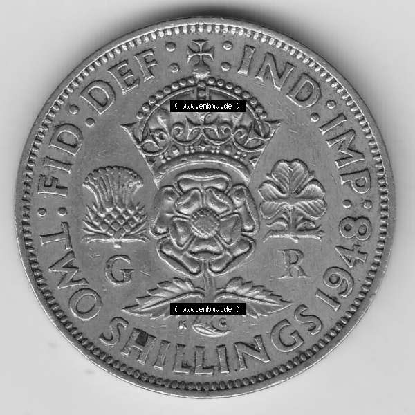 Grau bzw. s/w Alte Münzen Großbritannien Umlaufmünze 1947-1948, 2 Schilling-Florin, Two Shillings, 1948-4, George VI, GEORGIVS VI D G BR OMN REX, FID DEF IND IMP,... Sammlung Graustufen