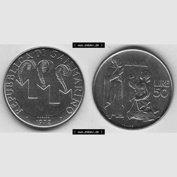 Grau bzw. s/w Bildmaterial Münzensatz / KMS 1972 aus San Marino 1972-1972, 50 Lire, 1972, MONASSI REPUBBLICA DI SAN MARINO 50 LIRE. Vorderseite und Rückseite einer Umlaufmünze... Sammlung Graustufen