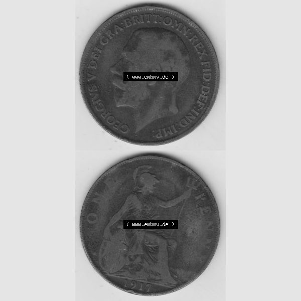 Grau bzw. s/w Alte Münzen Großbritannien Umlaufmünze 1911-1926, 1 Penny, One Penny, 1917-1, B.M. GEORGIVS V DEI GRA BRITT OMN REX FID DEF IND IMP. Vorderseite... Sammlung Graustufen