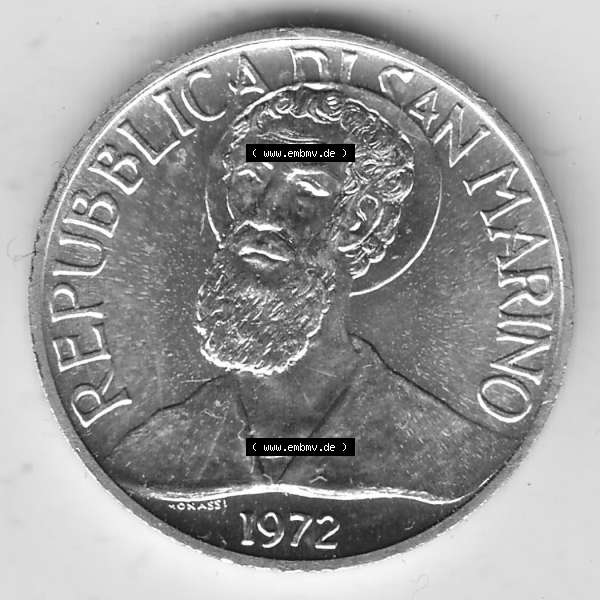 Grau bzw. s/w Bildmaterial Münzensatz / KMS 1972 aus San Marino 1972-1972, 5 Lire, 1972, LIRE MONASSI REPUBBLICA DI SAN MARINO. Vorderseite einer Umlaufmünze aus 1972 REPUBBLICA... Sammlung Graustufen