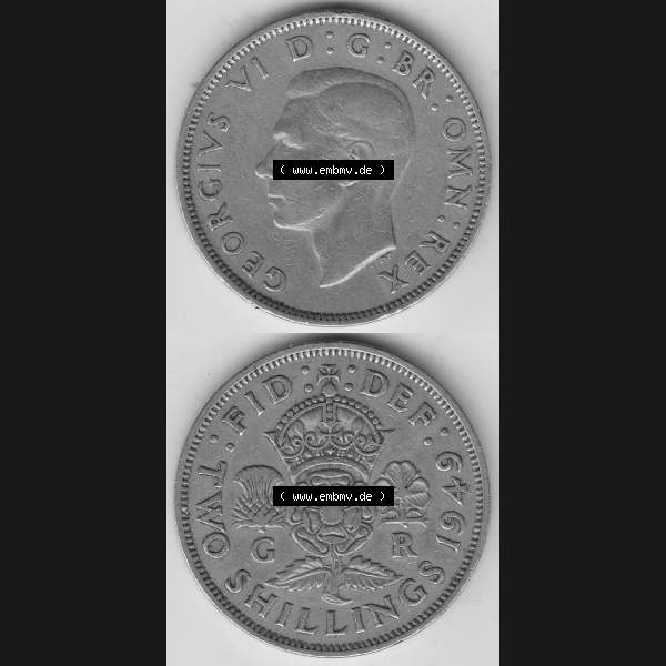 Grau bzw. s/w Alte Münzen Großbritannien Umlaufmünze 1949-1951, 2 Schilling, Shillings (Florin) 1949-1, George VI, GEORGIVS VI DG BR OMN REX, FID DEF TWO SHILLINGS.... Sammlung Graustufen