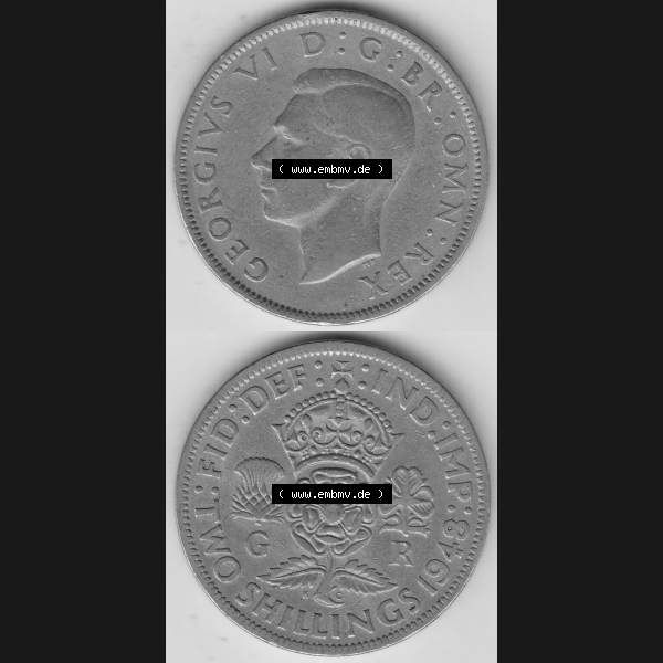 Grau bzw. s/w Alte Münzen Großbritannien Umlaufmünze 1947-1948, 2 Schilling-Florin, Two Shillings, 1948-6, George VI, GEORGIVS VI D G BR OMN REX, FID DEF IND IMP,... Sammlung Graustufen
