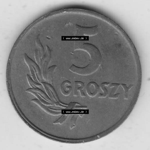 Grau bzw. s/w Münzen Polen KMS, Kursmünzensatz 1949-1949, Republik Polen 5 Groszy, Groschen, Bronze 1949-1. Rückseite mit Wert-Zahl / Wert-Angabe einer polnischen Münzen... Sammlung Graustufen