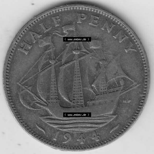 Grau bzw. s/w Alte Münzen Großbritannien Umlaufmünze 1937-1948, Half Penny, 1944-1, George VI, HALF PENNY HP, Segelschiff. Rückseite der alten britischen Münze... Sammlung Graustufen