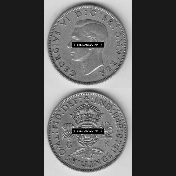 Grau bzw. s/w Alte Münzen Großbritannien Umlaufmünze 1947-1948, 2 Schilling-Florin, Two Shillings, 1948-4, George VI, GEORGIVS VI D G BR OMN REX, FID DEF IND IMP,... Sammlung Graustufen