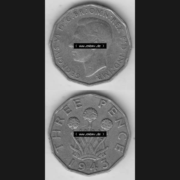Grau bzw. s/w Alte Münzen Großbritannien Umlaufmünze 1937-1948, 3 Pence, Three Pence 1943-2, George VI, GEORGIVS VI D G BR OMN REX F D IND IMP. Vorderseite und Rückseite... Sammlung Graustufen