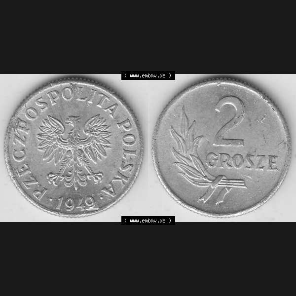 Grau bzw. s/w Münzen Polen KMS, Kursmünzensatz 1949-1949, Republik Polen 2 Grosze, Groschen, Aluminium 1949-1. Vorderseite und Rückseite horizontal mit Wert-Zahl / Wert-Angabe... Sammlung Graustufen