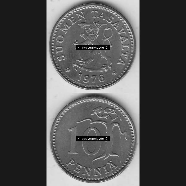 Grau bzw. s/w Alte Münzen KMS Finnland, Kursmünzensatz 1976 in Stempelglanz 1963-1982, 10 Penny, Penniä 1976-1, SUOMEN TASAVALTA. Vorderseite und Rückseite vertikal... Sammlung Graustufen