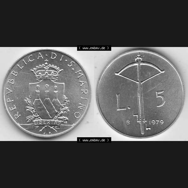 Grau bzw. s/w Bildmaterial Münzensatz / KMS 1979 aus San Marino 1979-1979, 5 Lire, LIBERTAS REPVBBLICA DI S. MARINO, 1979 L.5. Vorderseite und Rückseite als horizontales... Sammlung Graustufen