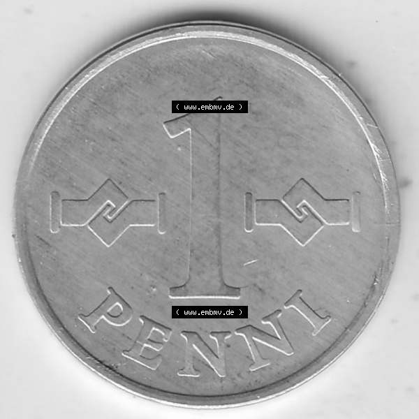 Grau bzw. s/w Alte Münzen KMS Finnland, Kursmünzensatz 1978 in Stempelglanz 1969-1979, 1 Penny, 1978-1. Rückseite mit Wert-Zahl bzw. Nennwert einer Münze aus offiziellen... Sammlung Graustufen