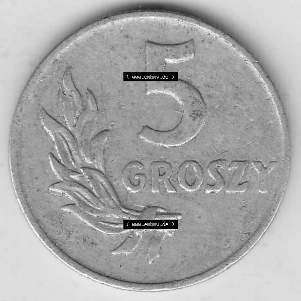 Grau bzw. s/w Münzen Polen KMS, Kursmünzensatz 1949-1949, Republik Polen 5 Groszy, Groschen, Aluminium 1949-1. Rückseite mit Wert-Zahl / Wert-Angabe einer polnischen... Sammlung Graustufen