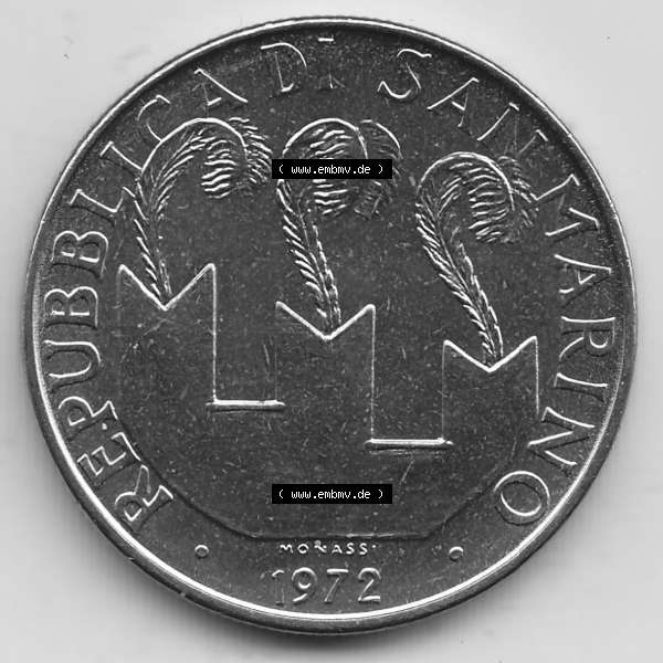 Grau bzw. s/w Bildmaterial Münzensatz / KMS 1972 aus San Marino 1972-1972, 50 Lire, 1972, MONASSI REPUBBLICA DI SAN MARINO 50 LIRE. Vorderseite einer Umlaufmünze aus 1972 REPUBBLICA... Sammlung Graustufen