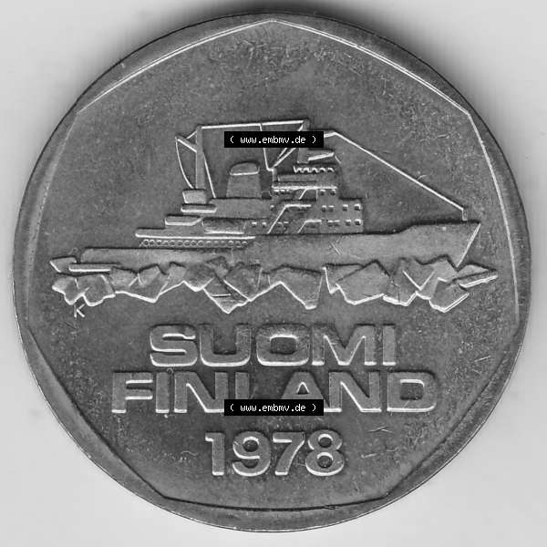 Grau bzw. s/w Alte Münzen KMS Finnland, Kursmünzensatz 1978 in Stempelglanz 1972-1978, 5 finnische Mark, Markkaa, 1978-1. Vorderseite einer Münze aus offiziellen KMS /... Sammlung Graustufen