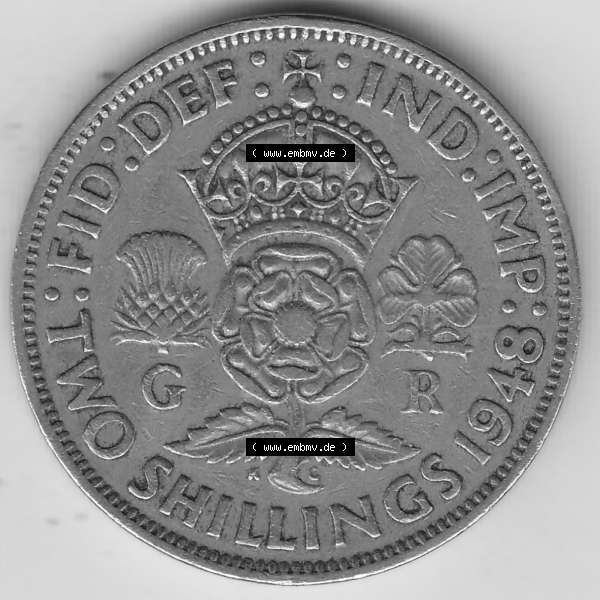 Grau bzw. s/w Alte Münzen Großbritannien Umlaufmünze 1947-1948, 2 Schilling-Florin, Two Shillings, 1948-2, George VI, GEORGIVS VI D G BR OMN REX, FID DEF IND IMP,... Sammlung Graustufen