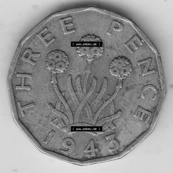 Grau bzw. s/w Alte Münzen Großbritannien Umlaufmünze 1937-1948, 3 Pence, Three Pence 1943-4, George VI, GEORGIVS VI D G BR OMN REX F D IND IMP. Rückseite der alten... Sammlung Graustufen