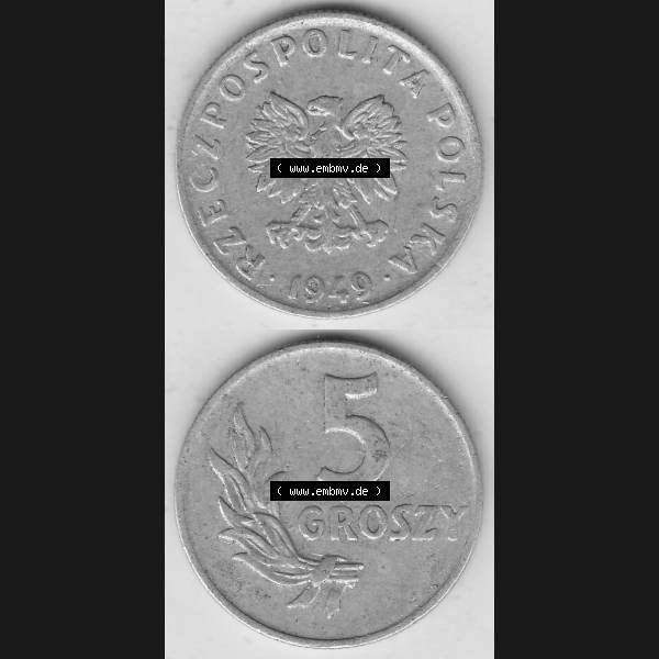 Grau bzw. s/w Münzen Polen KMS, Kursmünzensatz 1949-1949, Republik Polen 5 Groszy, Groschen, Aluminium 1949-1. Vorderseite und Rückseite vertikal, untereinander mit... Sammlung Graustufen