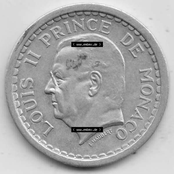 Grau bzw. s/w Alte Münzen Monaco Umlaufmünze Einzelansicht 1943-1943, 2 Franken 1943-2, in Aluminium, LOUIS II PRINCE DE MONACO, 2 FRANCS DEO JUVANTE. Vorderseite der alten Umlaufmünze... Sammlung Graustufen